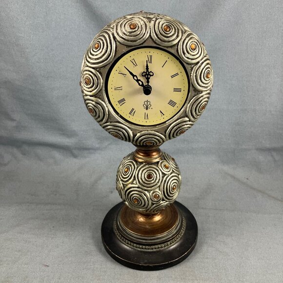 Vtg 11" Polyresin Standing Clock WORKS Battery Operated Analog Fancy Metallic - Picture 1 of 4
